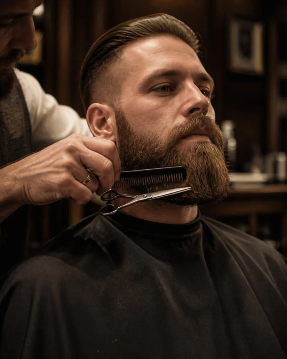 Barbier taillant aux ciseaux et au peigne la barbe fournie d’un client