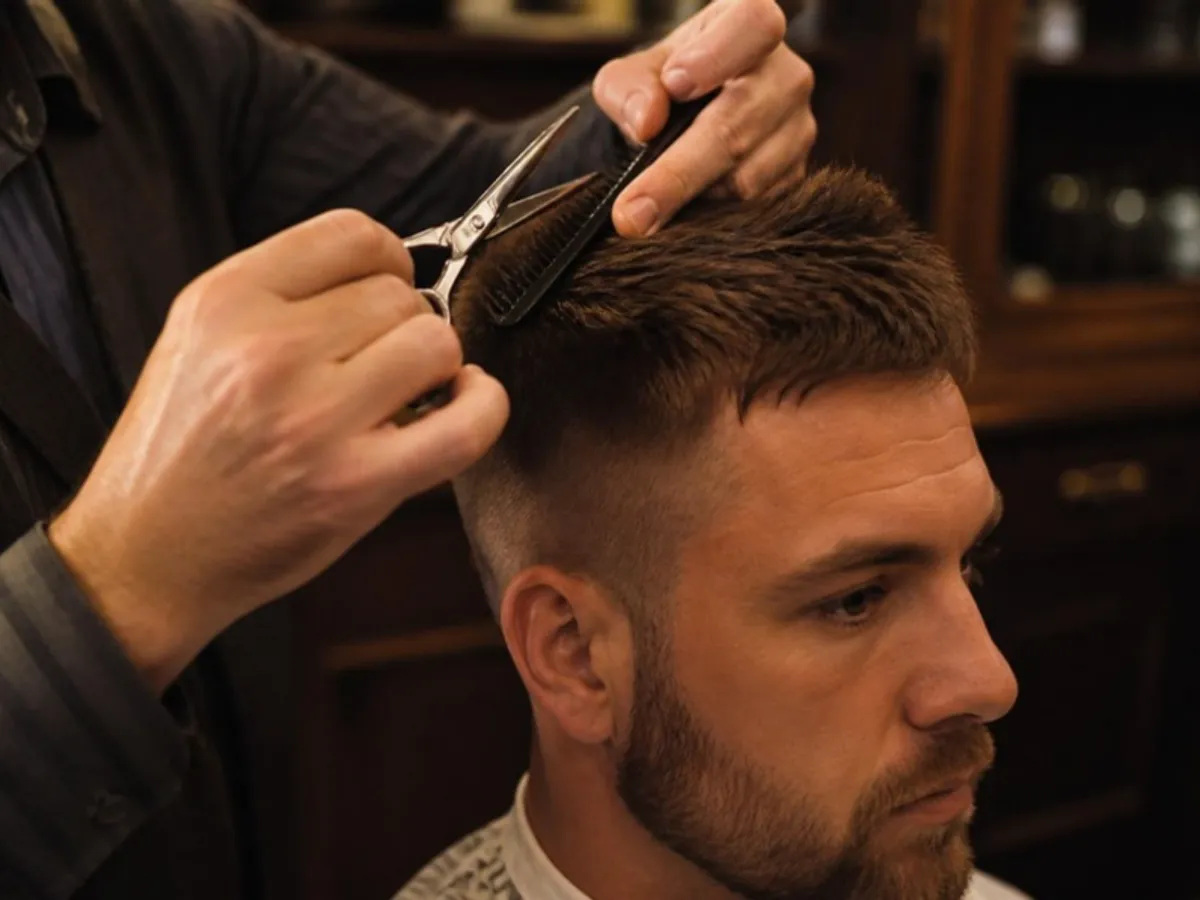 Barbier coupant aux ciseaux les cheveux courts d’un client
