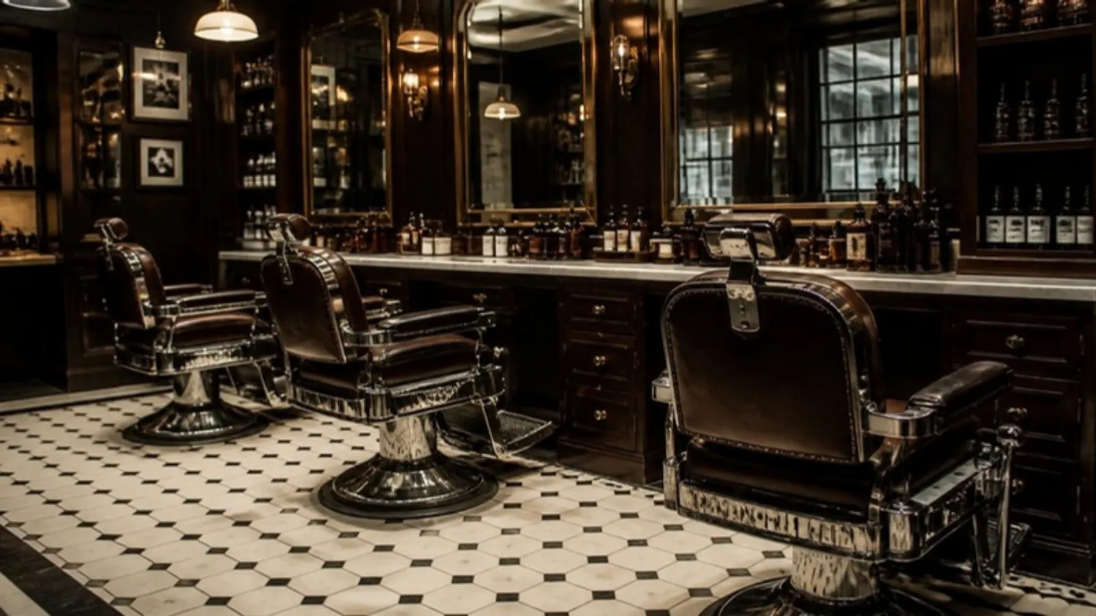 Intérieur du salon avec trois fauteuils de barbier anciens face aux miroirs
