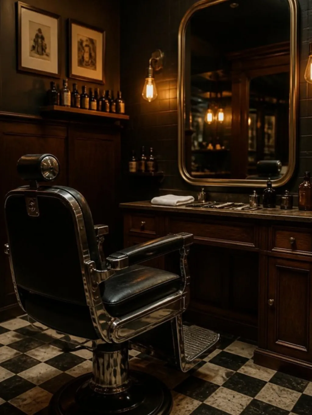 Fauteuil de barbier vintage devant un miroir à cadre laiton